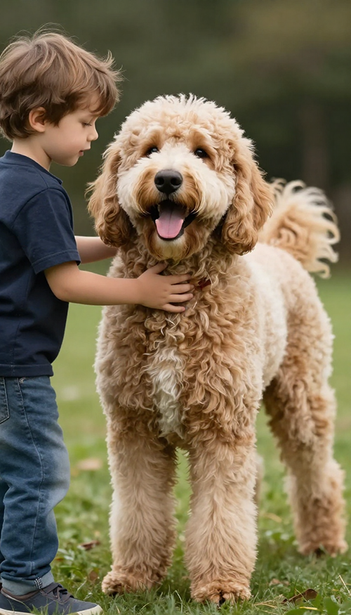 Cachorro goldendoodle con niño